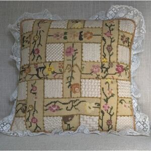 Vtg Needlepoint Pillow Floral Lattice Lace Ruffle Trim Accent Cushion 12"x12"